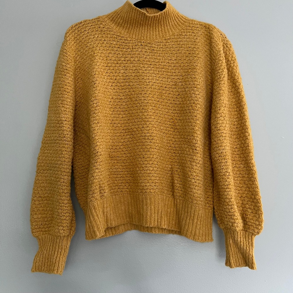 Express Womens Mustard Yellow Mock Neck Balloon Sleeve Textured Knit Sweater S